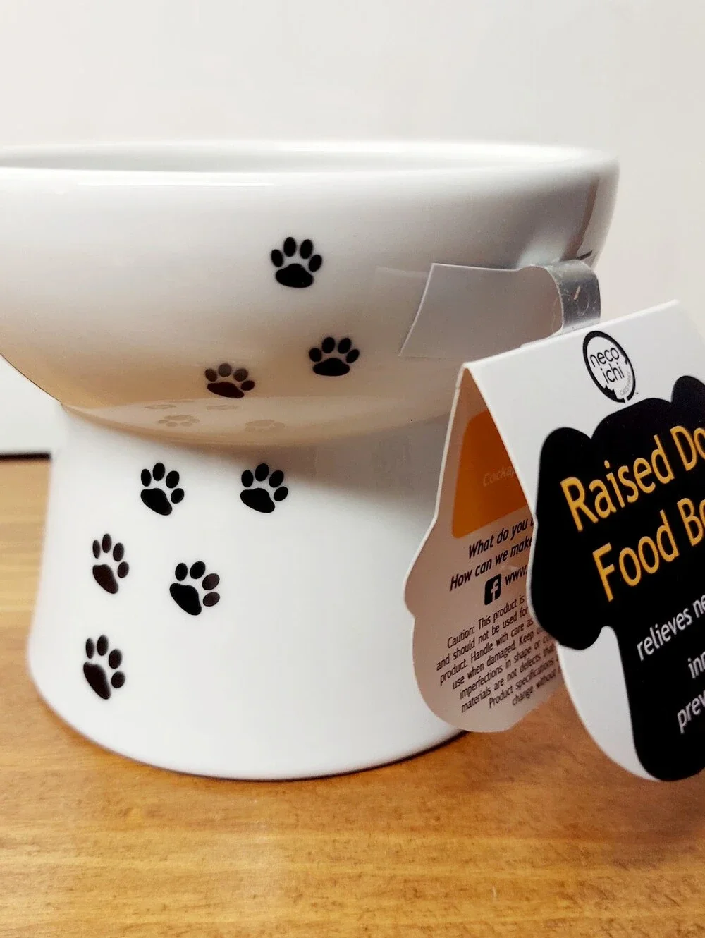 Necoichi Raised Small Dog Water & Food Ceramic 12oz Bowls, Black Paw Prints